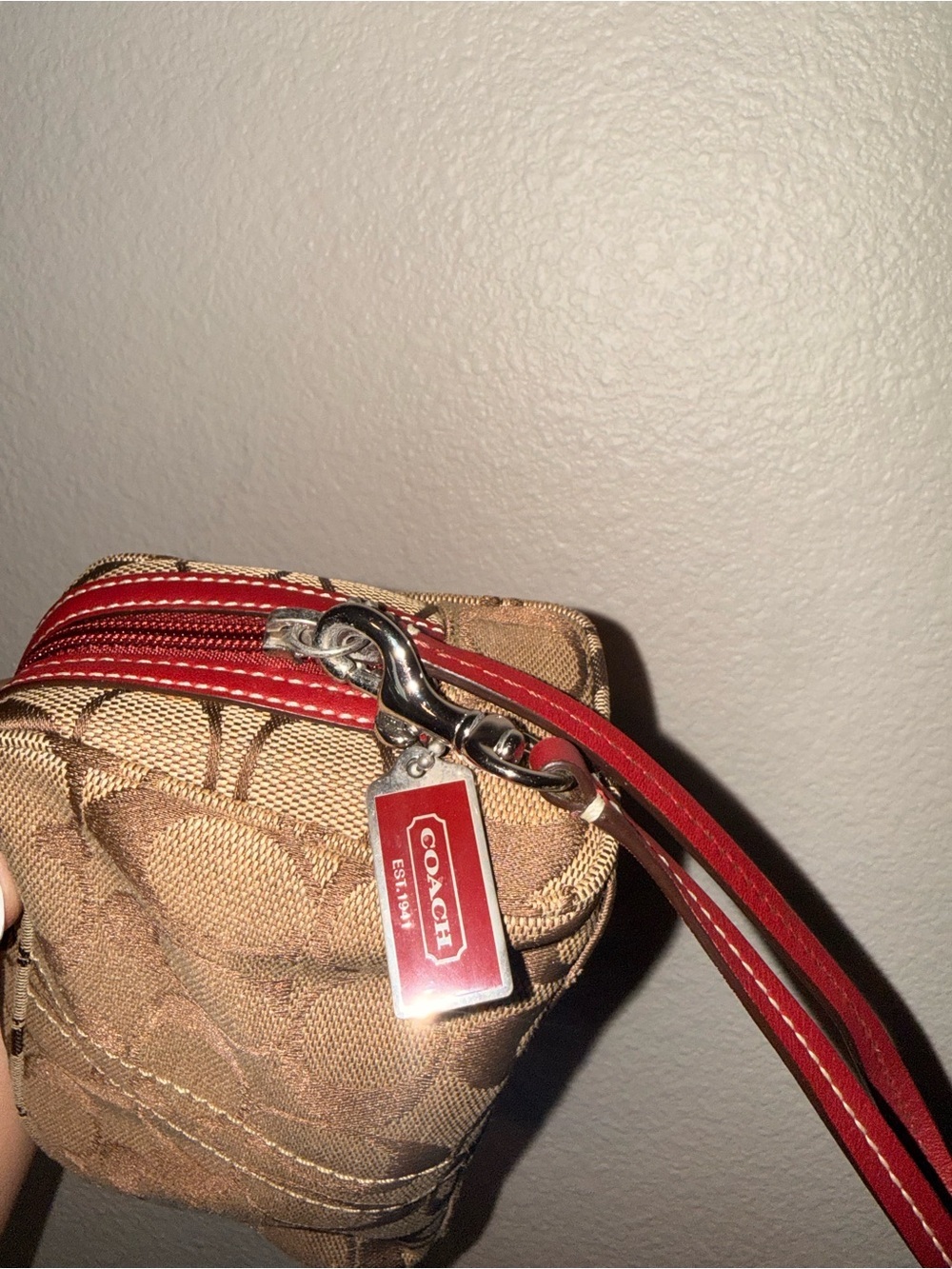 Coach Signature Canvas Wristlet in Brown with Red Strap - Picture 11 of 13